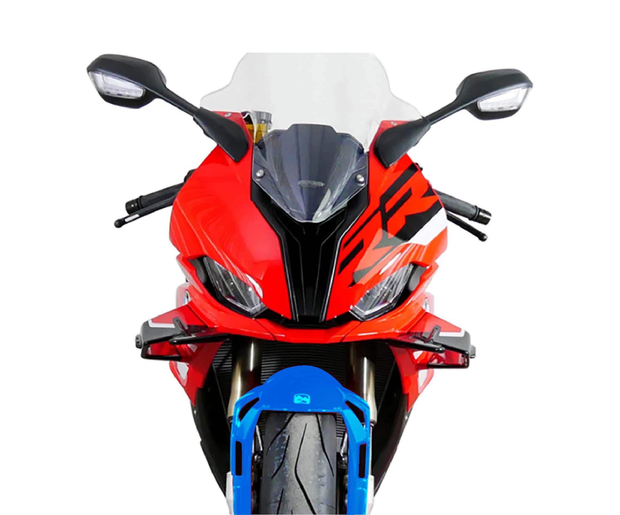 Red sport motorcycle with black accents and blue front wheel cover.