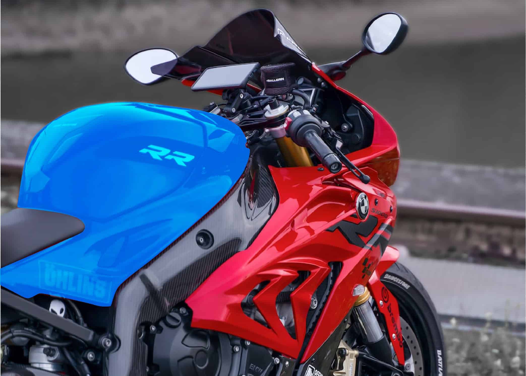 High-performance red and blue sportbike for racing and street riding.