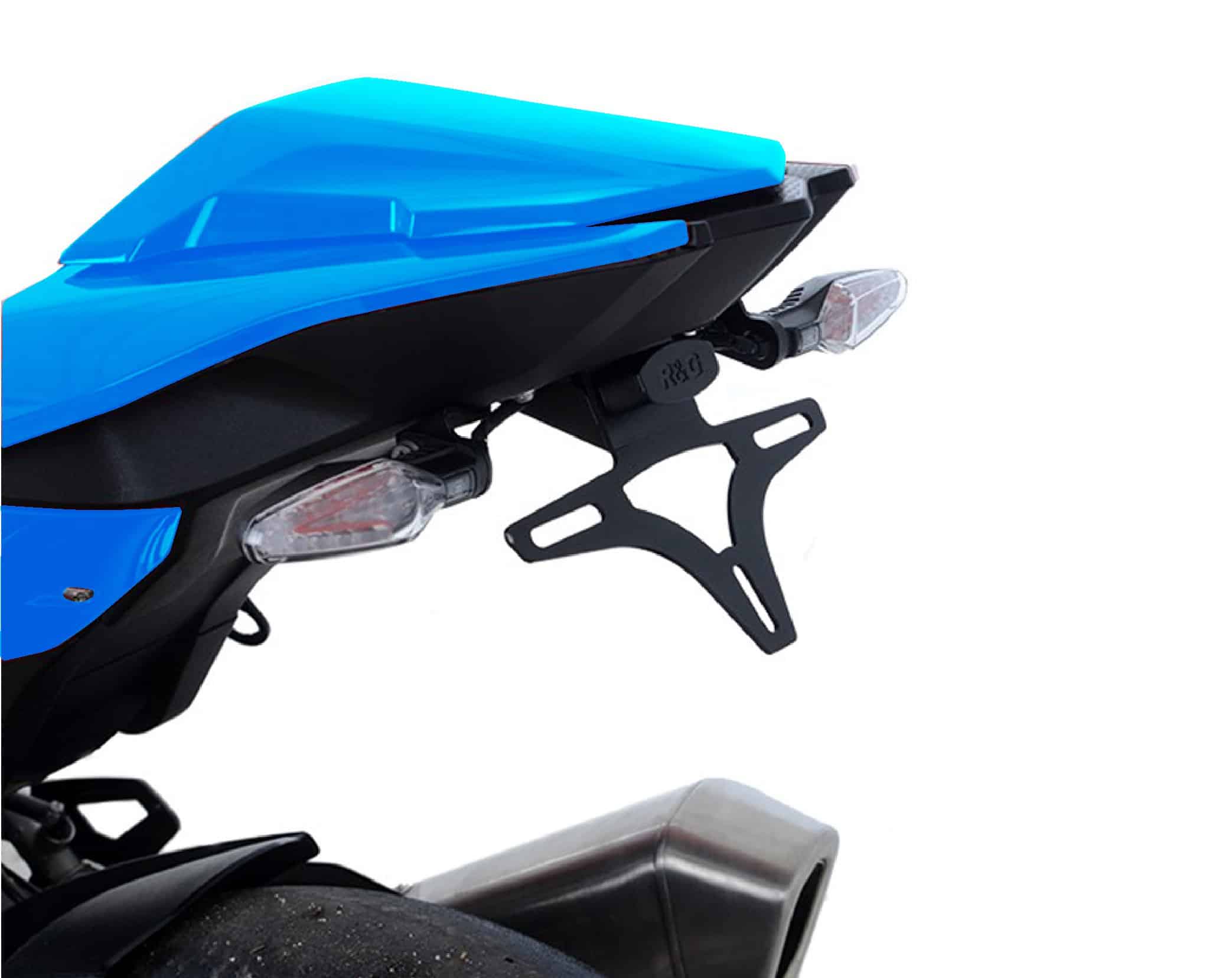 Blue motorcycle top case with mounting bracket and tail lights.
